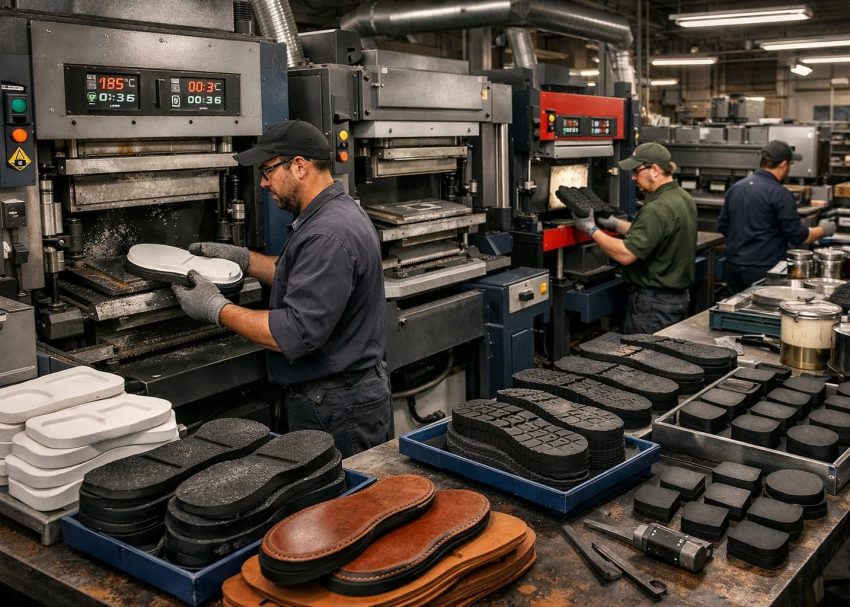 Outsole moulding process in footwear factory.