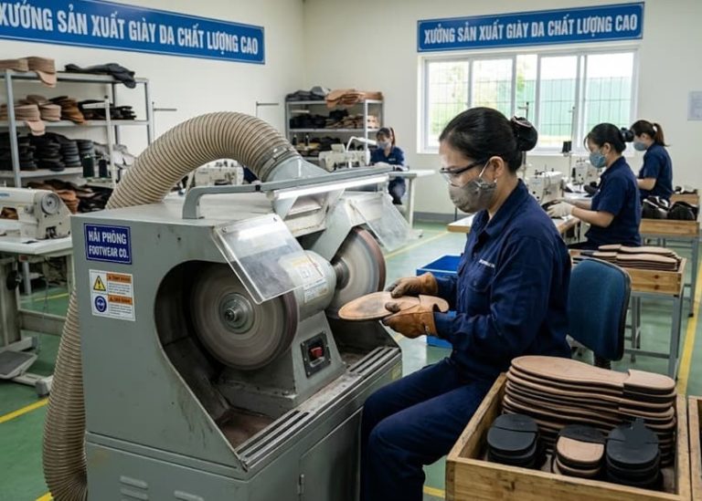 : Footwear factory operator performing roughing and buffing on leather outsole before adhesive application.