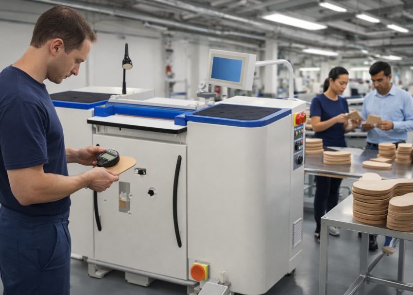 Band knife splitting machine in a footwear factory.