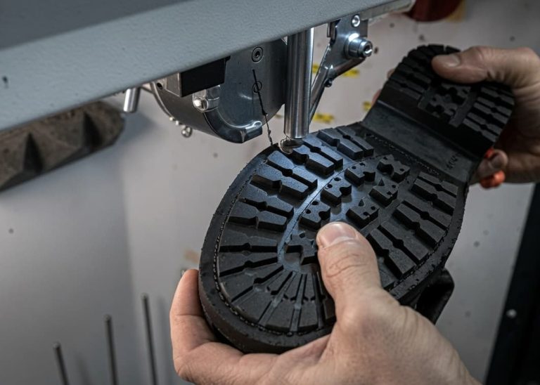Operator performing Outsole stitching on Rubber Outsole footwear using a heavy-duty industrial stitching machine.