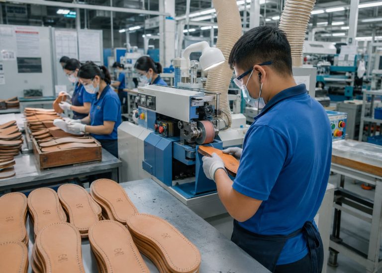 Precision snuffing operation on leather outsoles in a modern footwear factory.