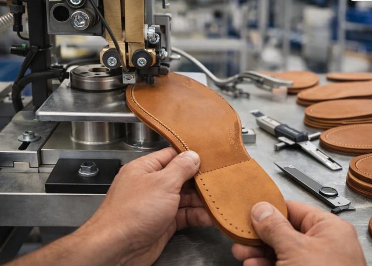 Template-guided grooving machine machining a leather outsole stitching channel.