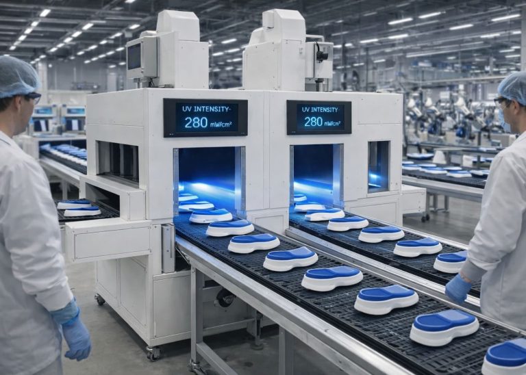UV activation machine processing EVA midsoles before adhesive bonding