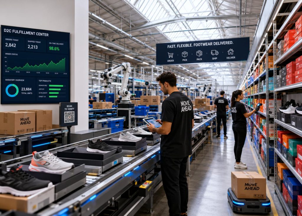 Modern automated footwear warehouse fulfillment center optimizing direct-to-consumer delivery networks.