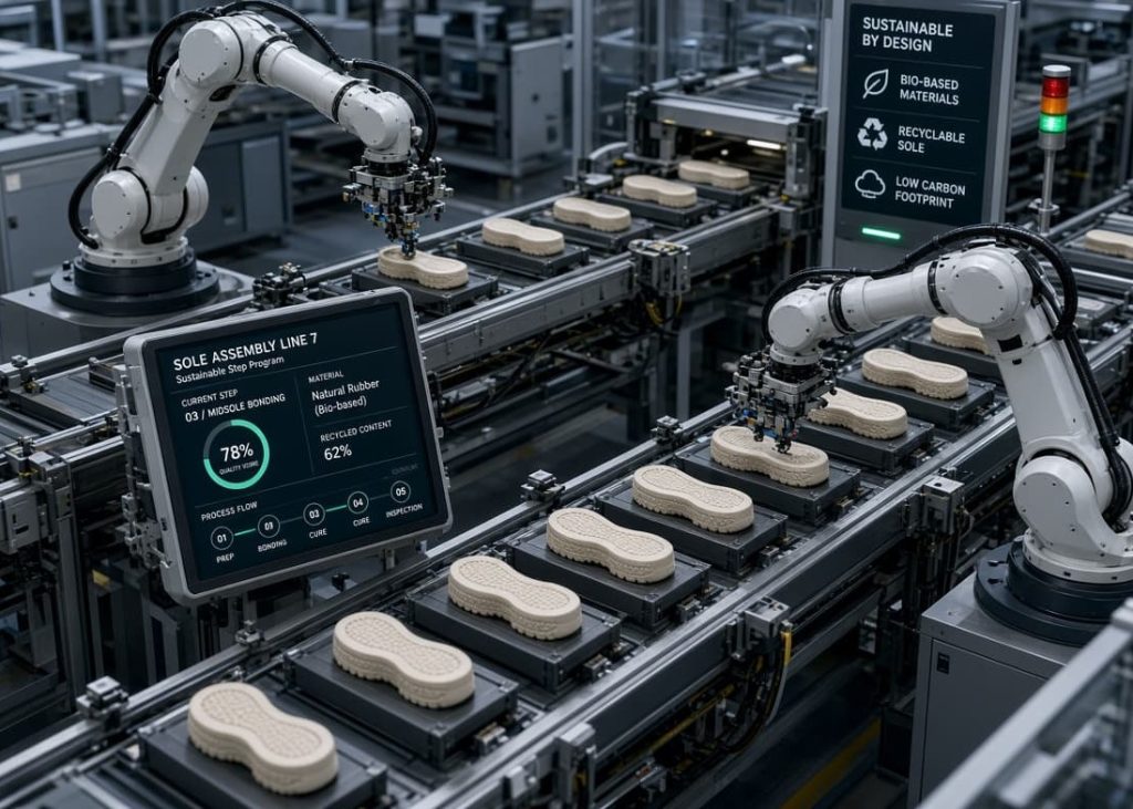 Automated robotic factory line producing lightweight athletic shoe soles