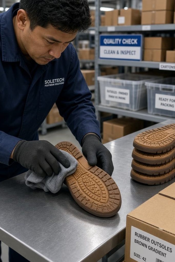 Cleaning outsoles before packing.