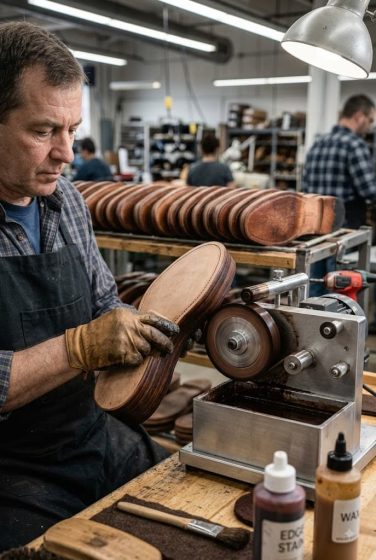 Waxing and polishing of leather outsole edge.