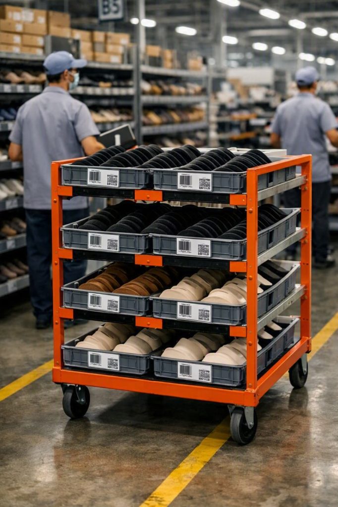 Trolley transporting outsole production kits.