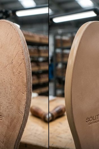 Before and after filler application on outsole edge.
