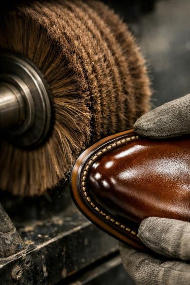 Horsehair brush polishing a leather outsole in footwear manufacturing.