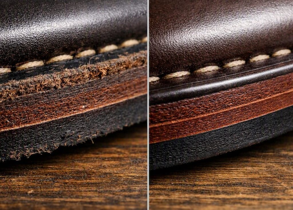 Leather outsole edge before and after padding.