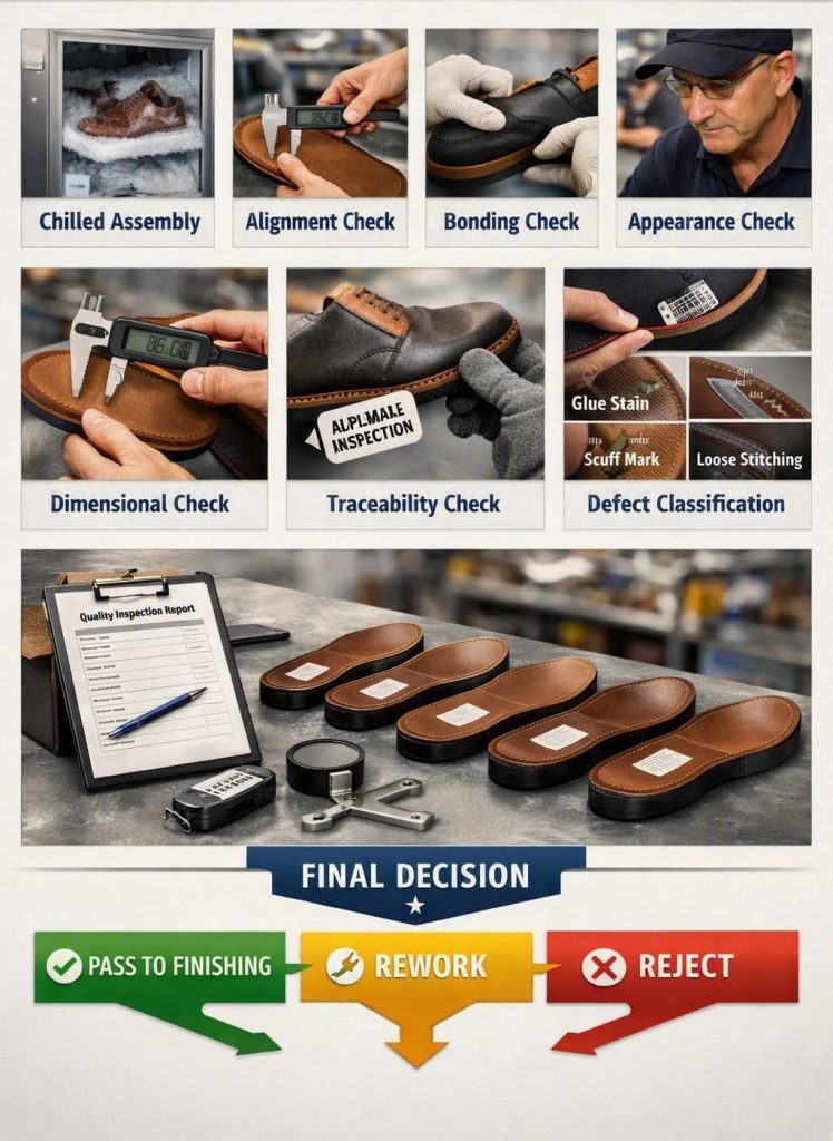 Stage Inspection II assembly inspection flow in outsole manufacturing.
