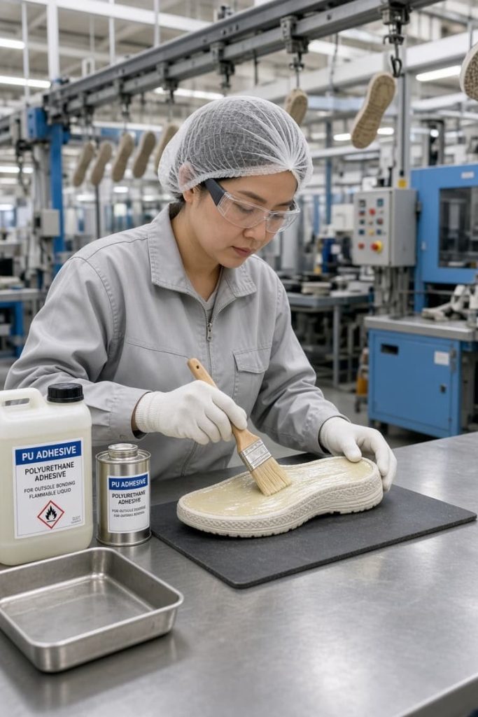PU adhesive application on footwear outsole.