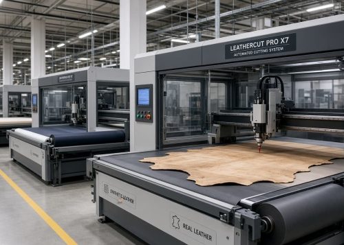 Automated leather manufacturing plant floor producing footwear materials.