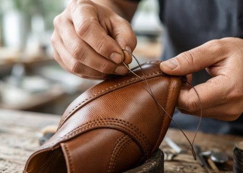 Close-up of traditional leather shoe crafting process.