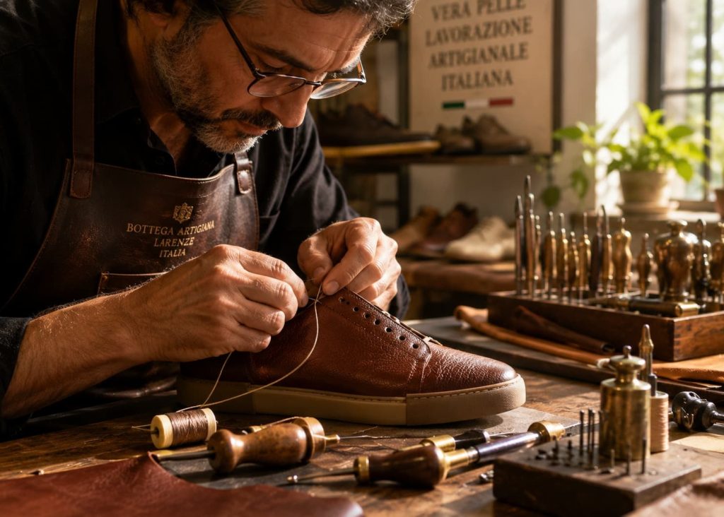 Master artisan meticulously hand-stitching a premium leather luxury sneaker upper.