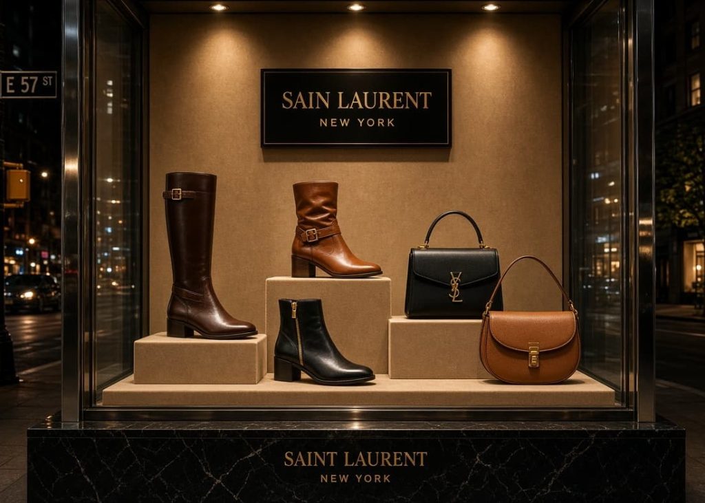 Luxury footwear storefront displaying premium leather boots and designer accessories