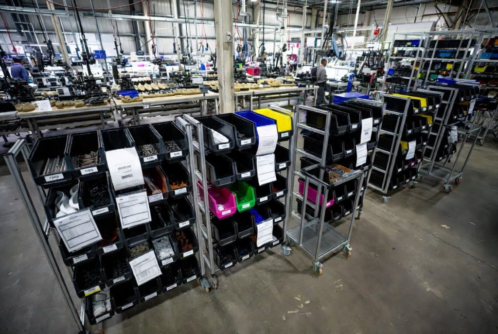 FIFO storage system used for footwear kitting.