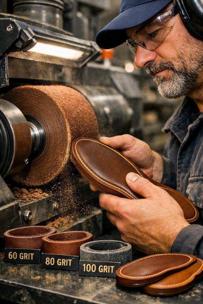 Rough edge scouring process on leather outsole.