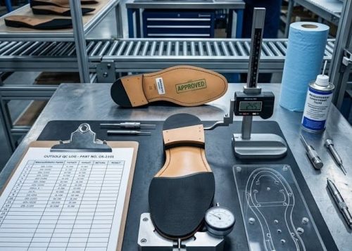 Inspector verifying outsole inner cavity using an approved template.