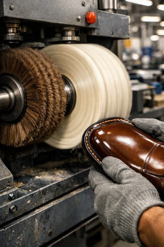Cotton brush polishing leather outsole for a uniform glossy finish.