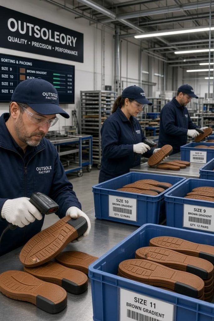 Sorting outsole sizes before packing.