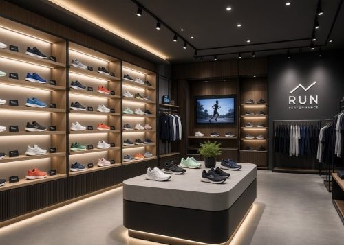 Modern athletic shoe retail store display featuring high-performance sneakers.