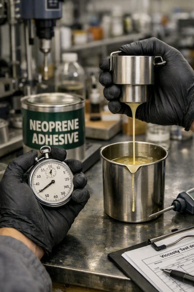 Checking adhesive viscosity before cement coating.
