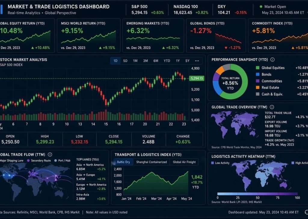 Stock market analysis dashboard showing financial performance metrics and trade graphics.