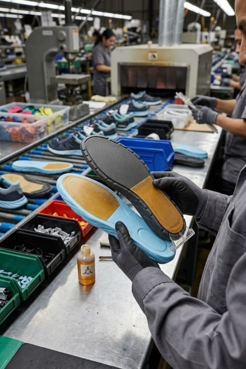 Operator performing outsole & midsole attaching operation in footwear manufacturing factory.