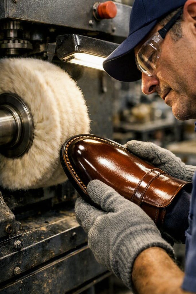 Final wool brush polishing operation on premium leather outsole.