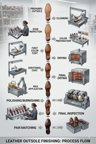 Edge coloring and waxing process flow for outsole manufacturing.