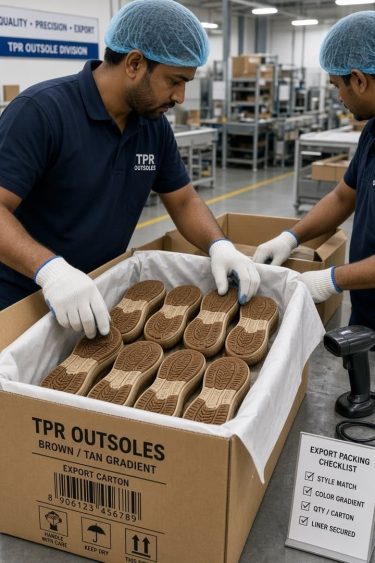 Packing outsoles into export cartons.