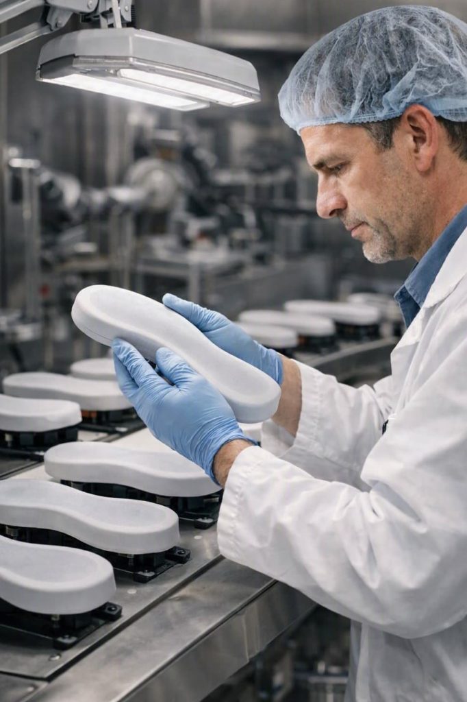 Inspection of primed outsole before cement coating.