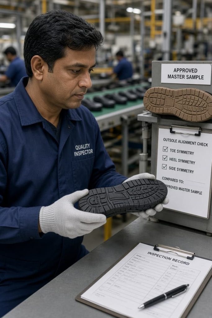 Inspector performing Stage Inspection II on assembled outsole.