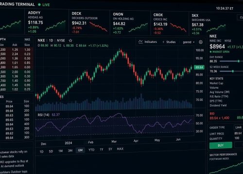Stock market trading screen showing performance metrics for footwear brands.