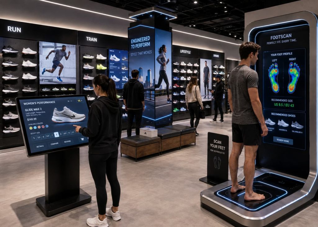 Customers exploring technical footwear using interactive digital scanning bays in a modern athletic boutique.