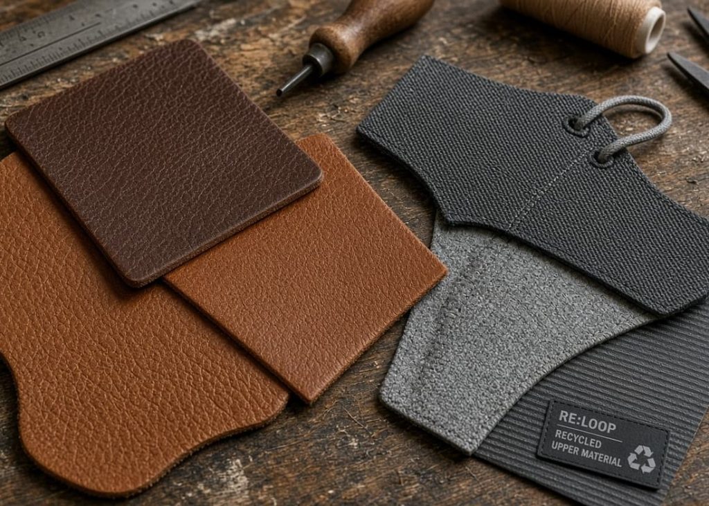 Artisanal leather swatches and eco-friendly footwear upper fabrics side by side