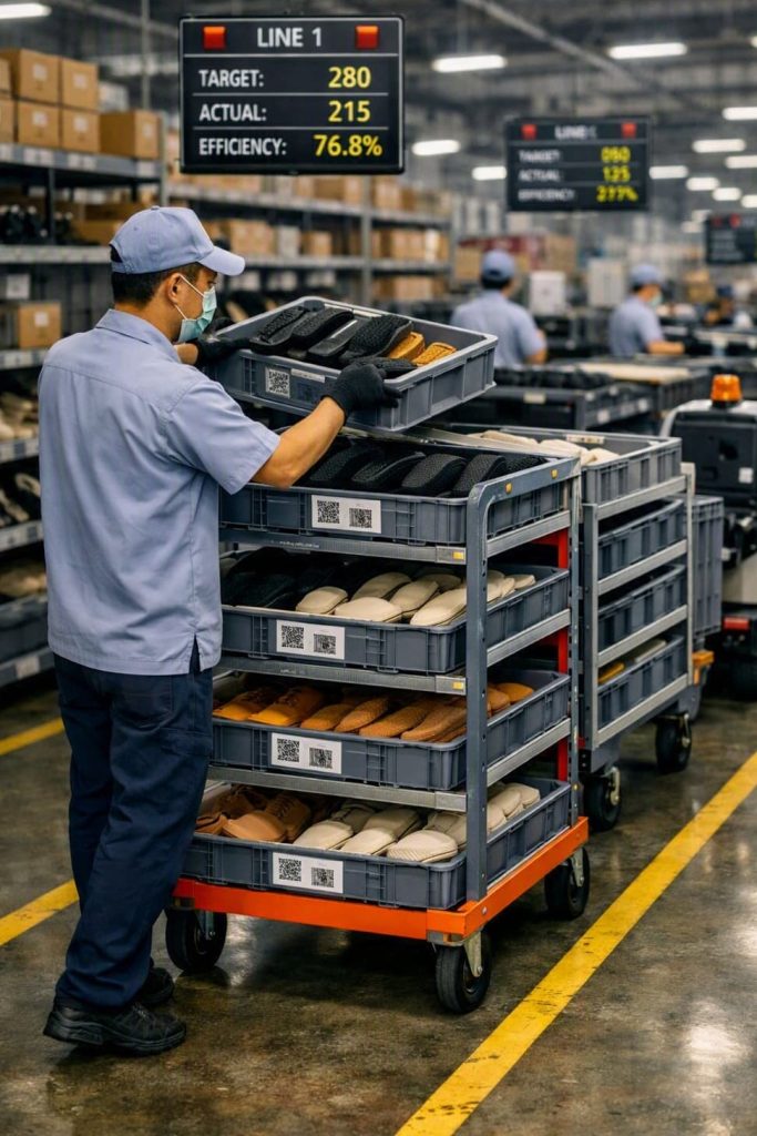 Lean feeding system in footwear manufacturing.