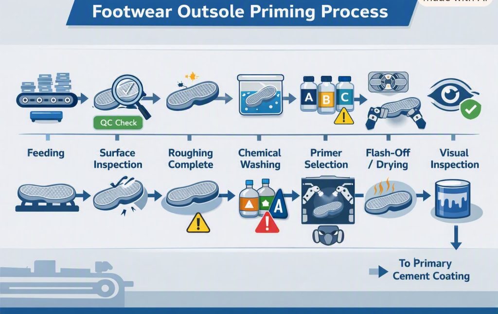 Priming operations process flow in footwear outsole assembly.