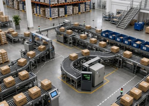 Automated footwear distribution and logistics facility.