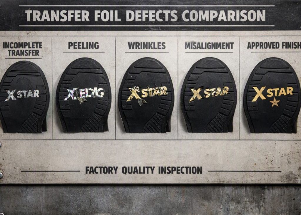 Common transfer foil defects in footwear outsole manufacturing.