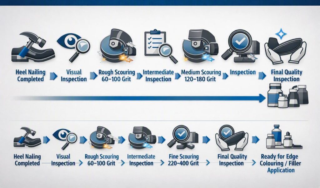 Process flow chart for edge scouring operations in outsole manufacturing.
