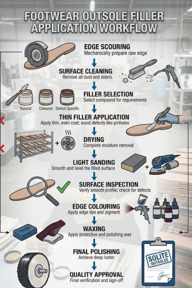 Filler application process flow in outsole manufacturing.