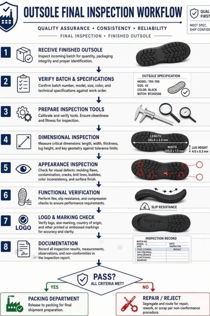 Process flow chart for final inspection operations in outsole manufacturing.