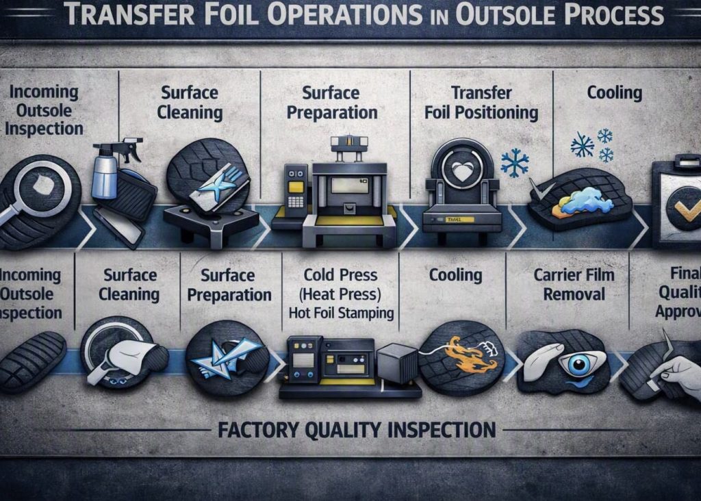 Transfer foil operation process flow for footwear outsole manufacturing.