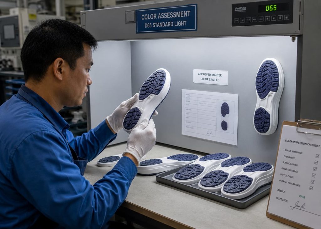 Quality inspector checking painted outsole color consistency.