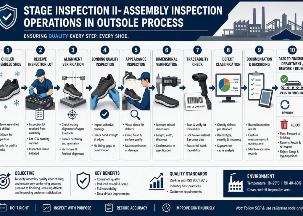 Stage Inspection II assembly inspection process flow in footwear outsole manufacturing.