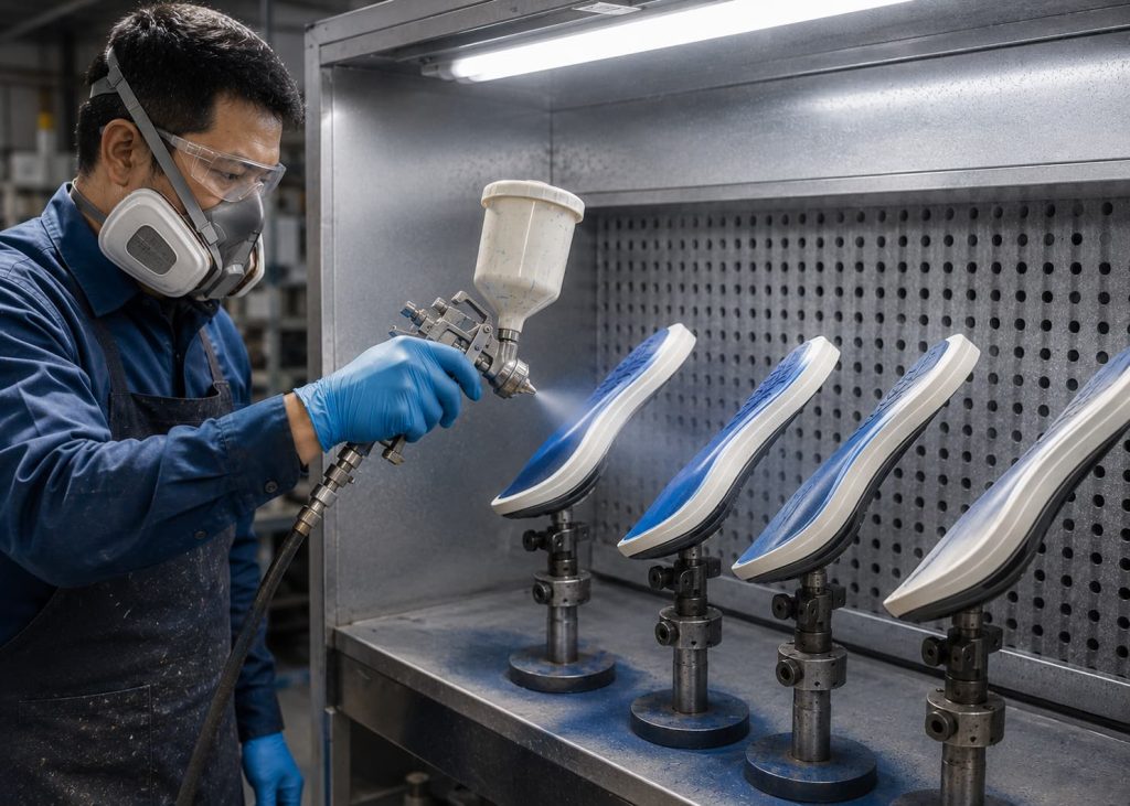 Technician spray painting premium footwear outsoles inside an industrial paint booth.