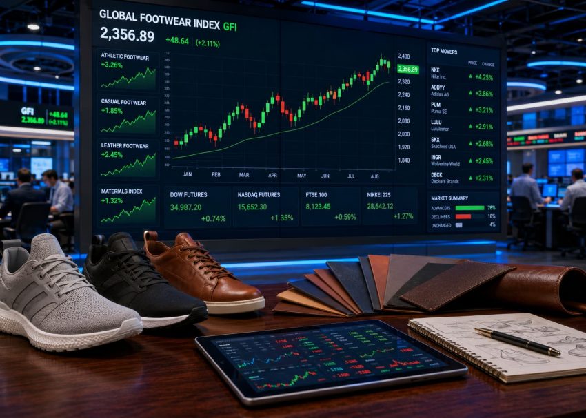 Financial trading screen displaying global footwear stock indicators alongside prototype athletic shoes.